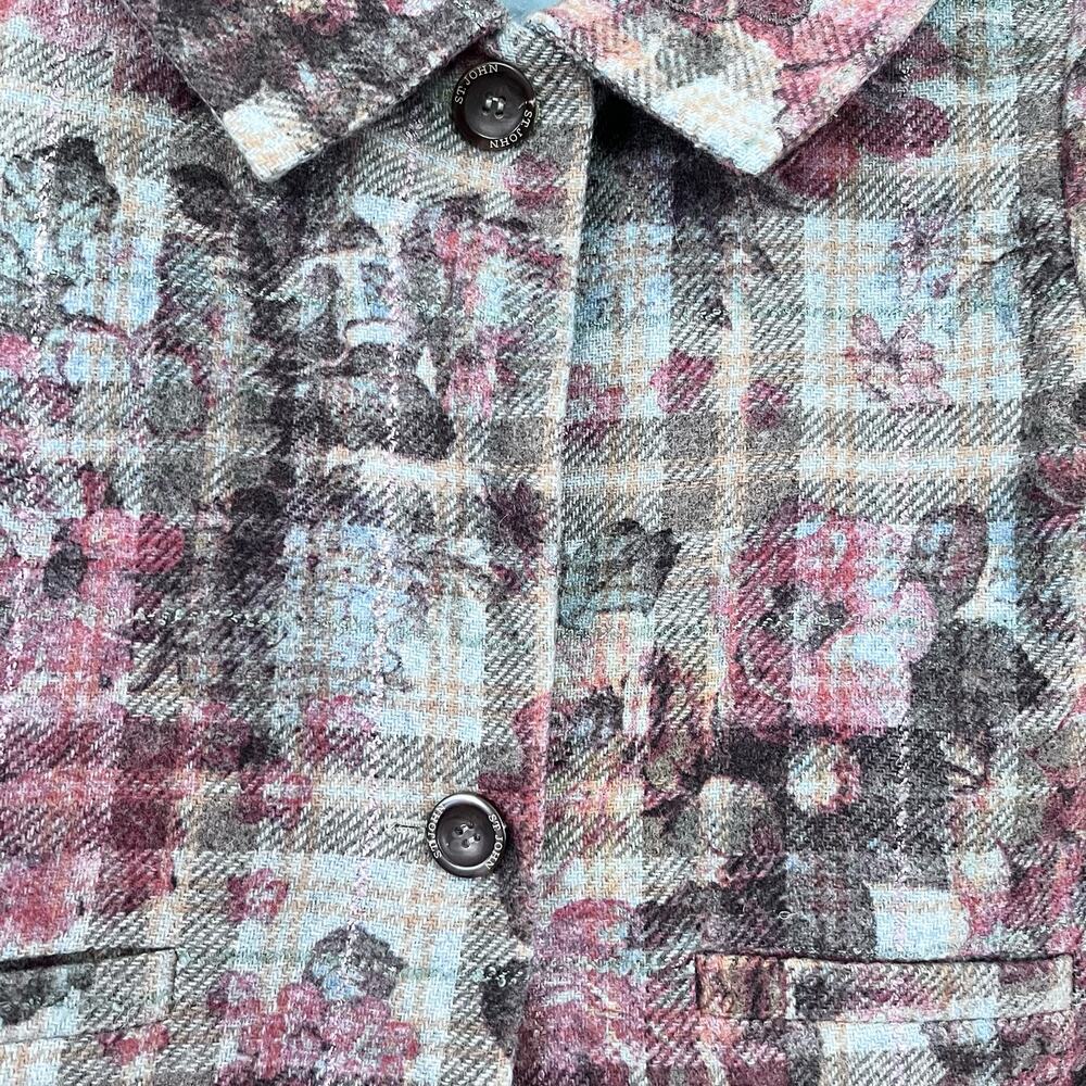 St. John Sport Plaid Wool Blend Floral Embroidered Collared Jacket Size Medium - Picture 6 of 15